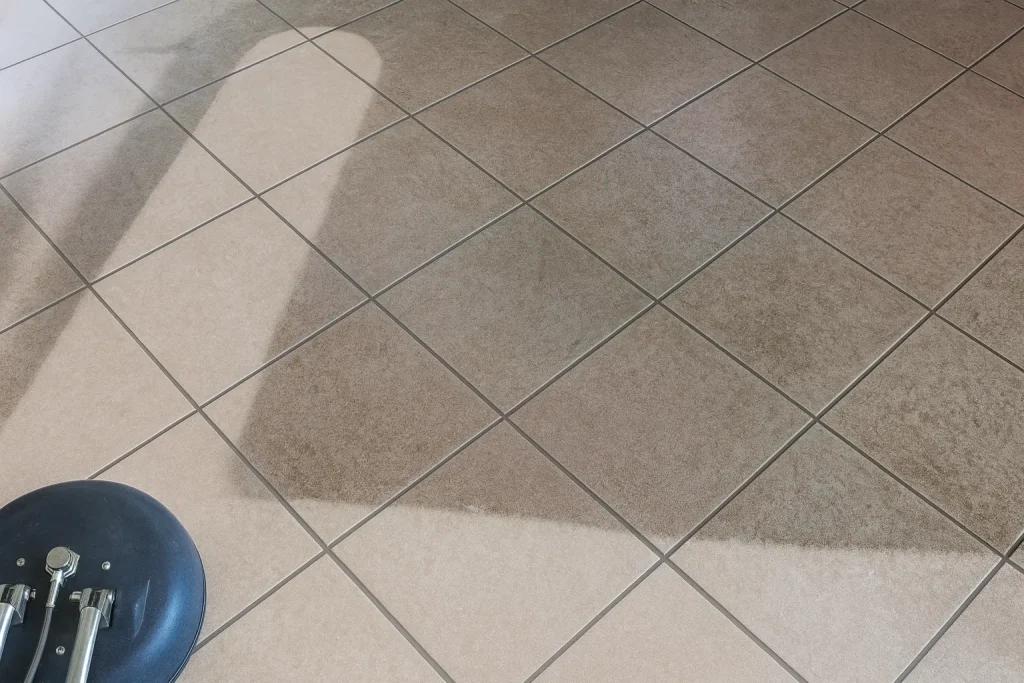 A close up of a tiled floor with a shadow of a person on it — Dryology Carpet Cleaning in Salamander Bay, NSW
