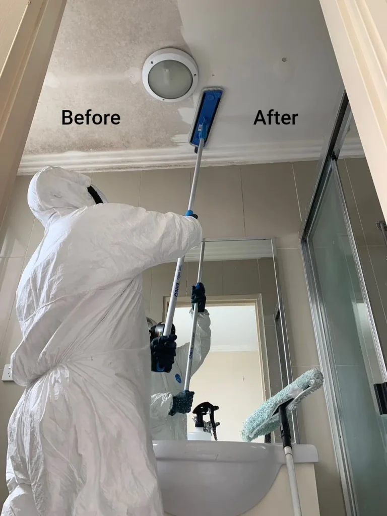 A person in a protective suit is cleaning a bathroom ceiling — Dryology Carpet Cleaning in Sydney, NSW