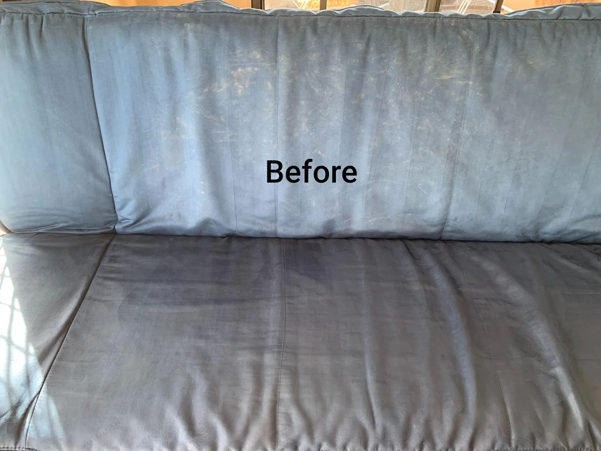 Blue outdoor couch cushions with visible dirt and stains, labeled,  before, — dryology carpet cleaning in salamander bay, nsw