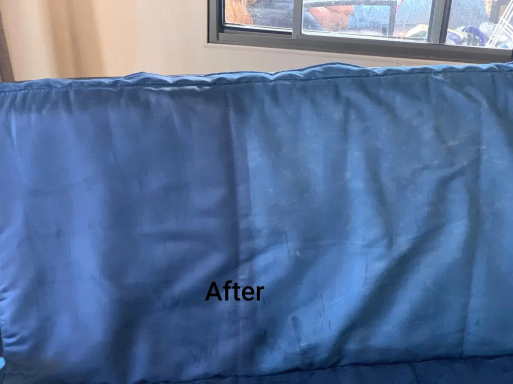 Blue fabric surface with the word, after, text in the middle - dryology carpet cleaning salamander bay, nsw