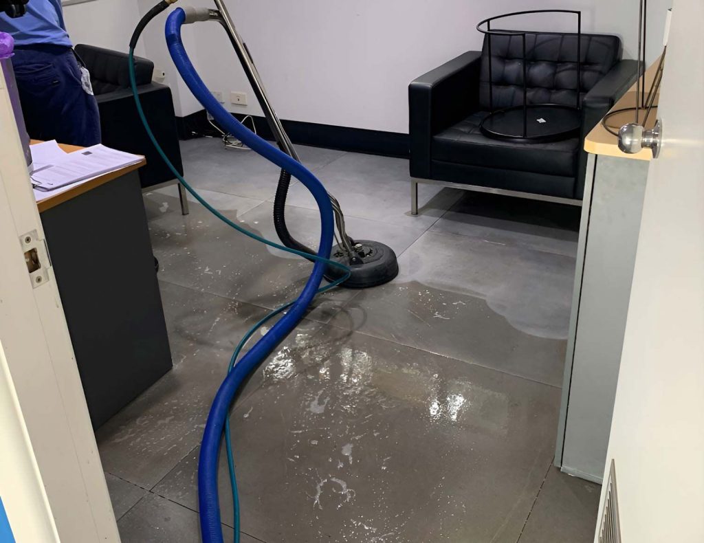 A Vacuum Cleaner Is Cleaning A Dirty Tiles Floor In A Room With Black Sofa — Dryology Carpet Cleaning in Port Stephens, NSW