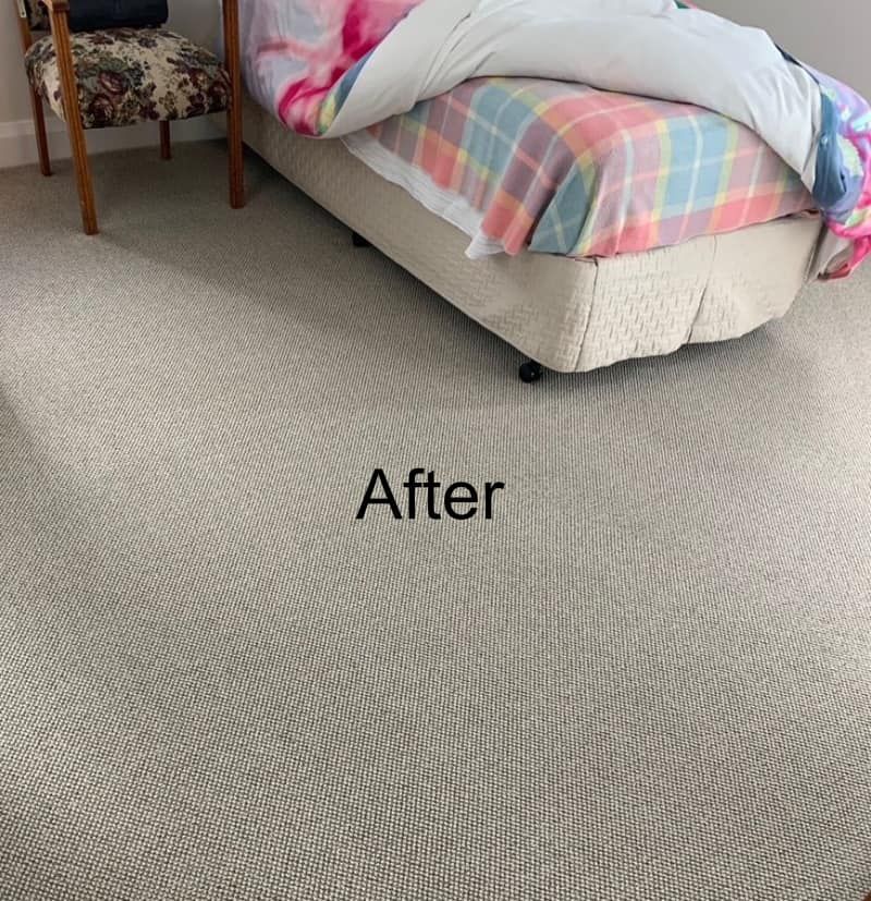 A bedroom with a bed and chairs and the word after on the floor — Dryology Carpet Cleaning in Salamander Bay, NSW