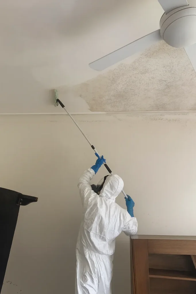A Gloved Hand Sprays Mold on a Windowsill Next to a Window — Dryology Carpet Cleaning in Sydney, NSW